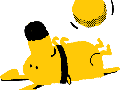 An illustration of a yellow dog lying on its back playing with a ball