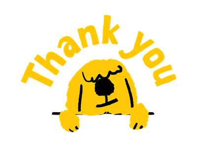 DT thank you PNG graphic with yellow shaggy dog. 
