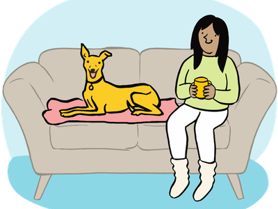 Illustration of a yellow Lurcher dog sitting on sofa with lady owner holding a mug
