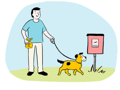 Illustration of a man walking his dog and putting a poo bag into a bin