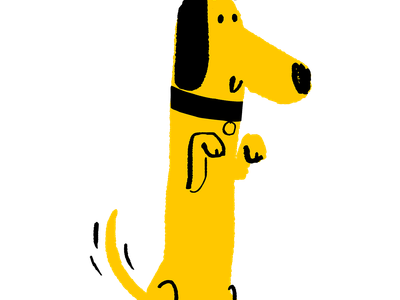 Illustration of a yellow dog with black ears standing on its hind legs and wagging its tail.