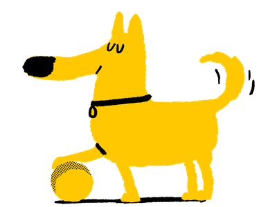 Yellow dog illustration holding a yellow ball