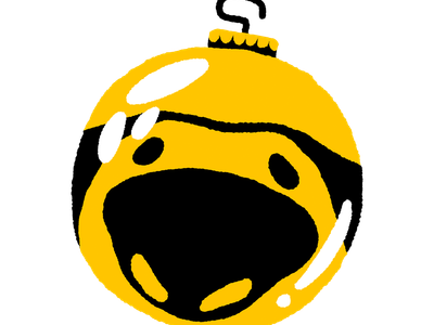 Illustration of a yellow bauble reflecting a dog's face.