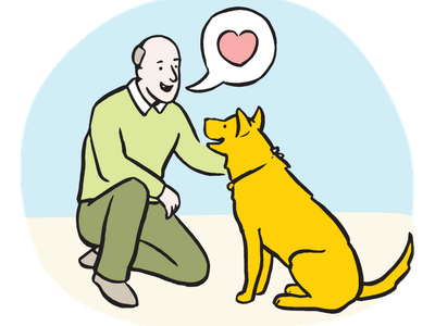 Illustration of a man saying 'I love you' to his dog