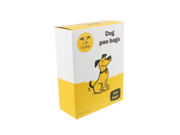 A yellow and white box of 200 poo bags