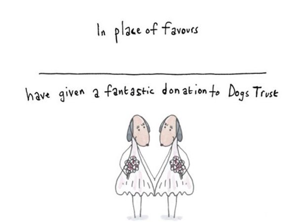 Illustration of two female dog brides in white gowns holding flowers. The card reads: "In place of favours (insert name) have given a donation to Dogs Trust."