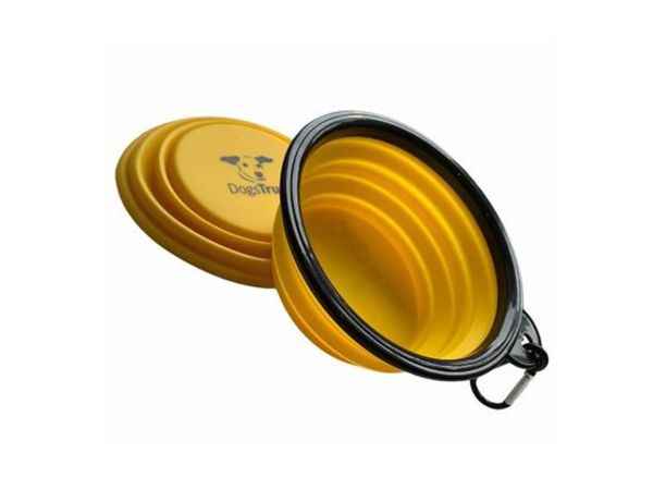 a yellow and black collapsible silicon travel dog bowl with a bag clip on the side of it