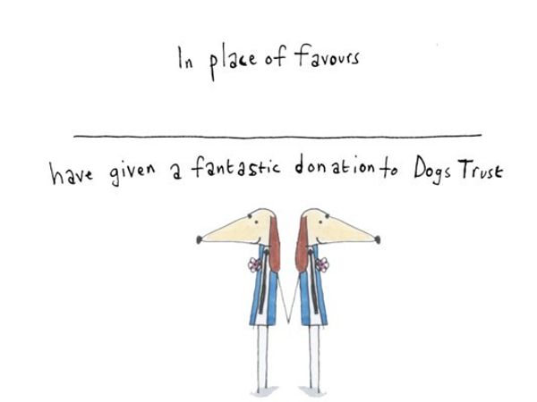 Illustration of two male dog grooms in blue suits holding hands. The card reads: "In place of favours (insert name) have given a donation to Dogs Trust."
