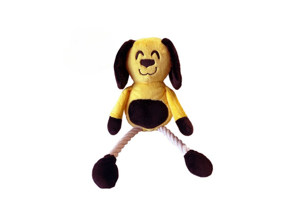 a soft, plush yellow and black dog toy with rope legs