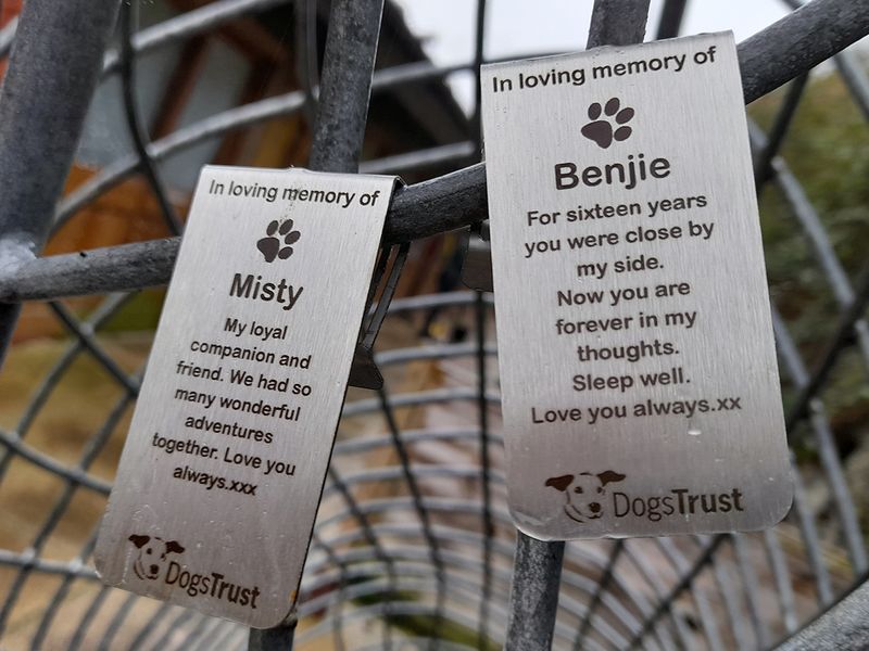 Memorial tags attached to sculpture