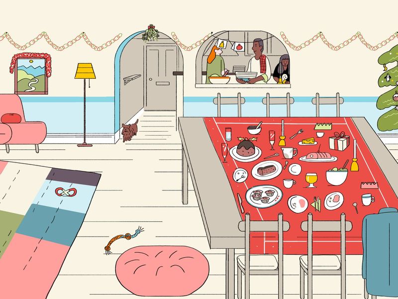 Illustration of a table set up with a red table cloth adorned with lots of festive foods.