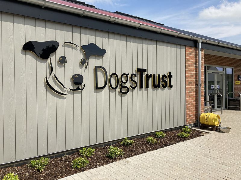 Darlington Rehoming Centre exterior at reception with dogs trust sign.