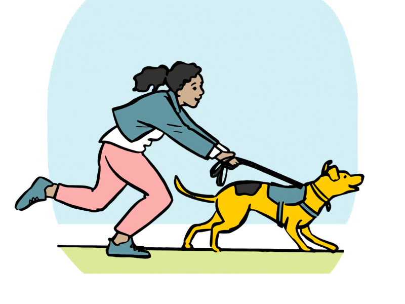illustration of a women holding a dog on lead that is pulling her